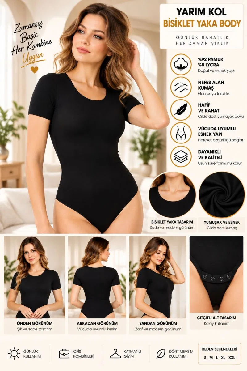 Kadın Yarım Kol Bisiklet Yaka Çıtçıtlı Body Siyah, Esnek Kumaş, Vücuda Oturan Basic Body - ryl - 2721 görsel 2