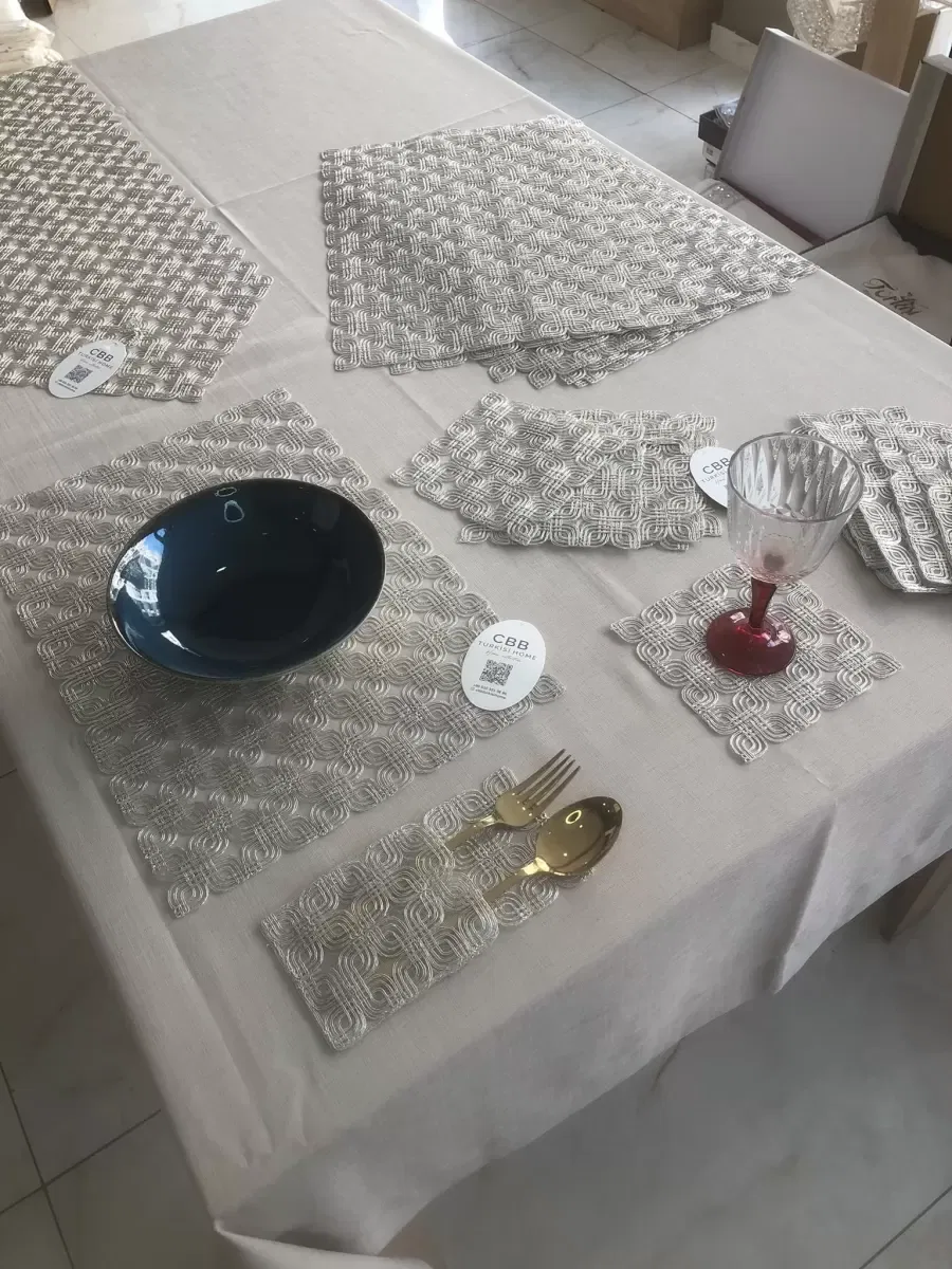 Sofra Takımı Orion Gardenya Keten Yemek Takımı 160x260 Masa Seti 26 Parça Runner Set Platin görsel 3