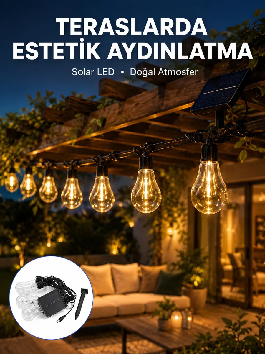 Güneş Enerjili LED Ampul Zincir Işık Sıcak Beyaz Dekoratif Bahçe Aydınlatması