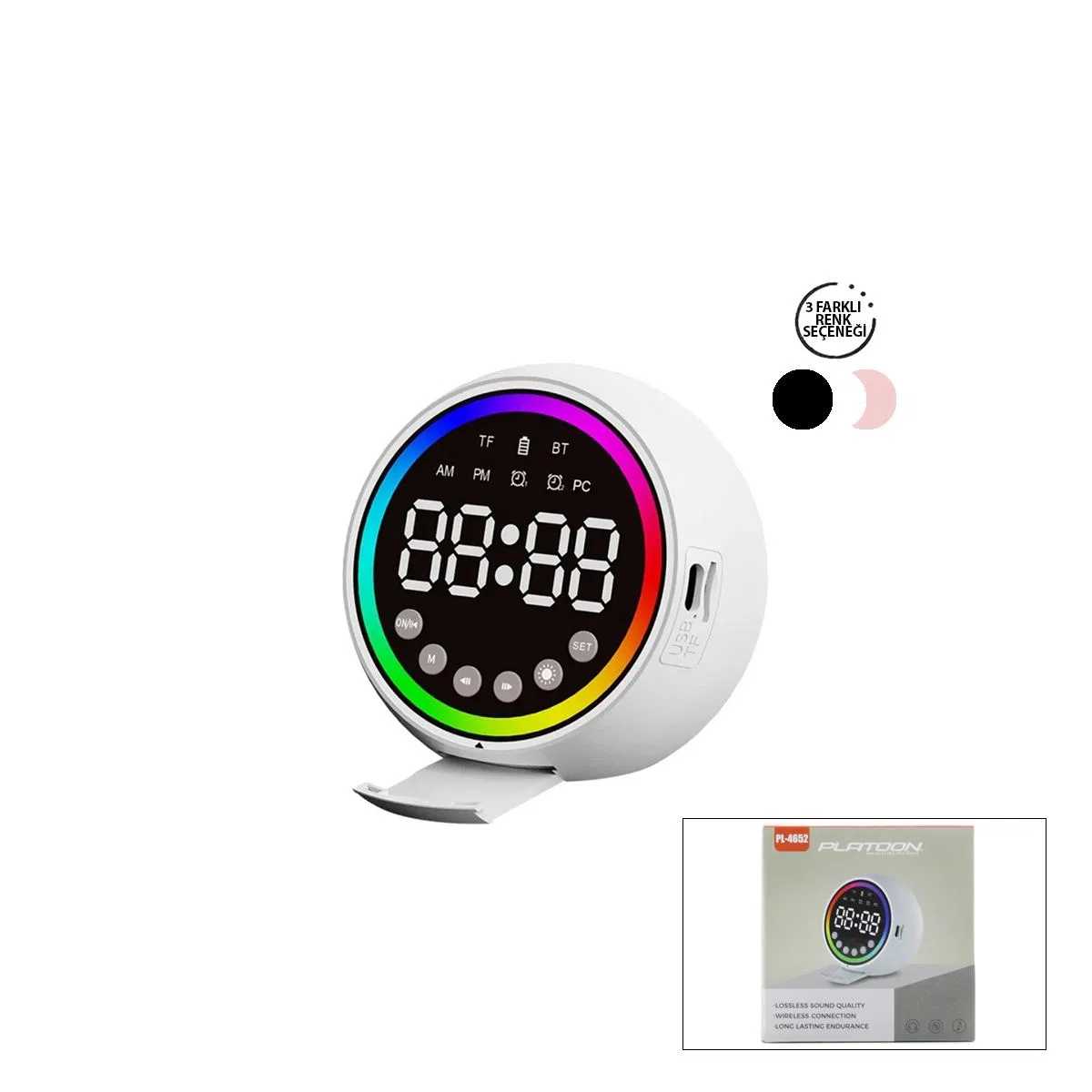 Mini Bluetooth Hoparlör Dijital Saat & Alarm USB Şarjlı Işıklı 5W görsel 2