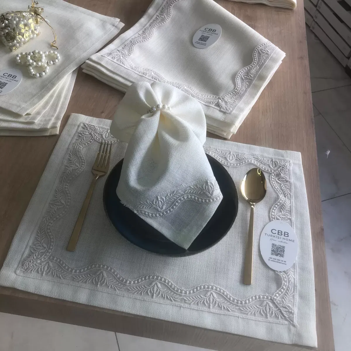 Sofra Takımı Lina Gardenya Keten Yemek Takımı 160x260 Masa Seti 12 Kişilik 26 Parça Runner Set Krem görsel 7
