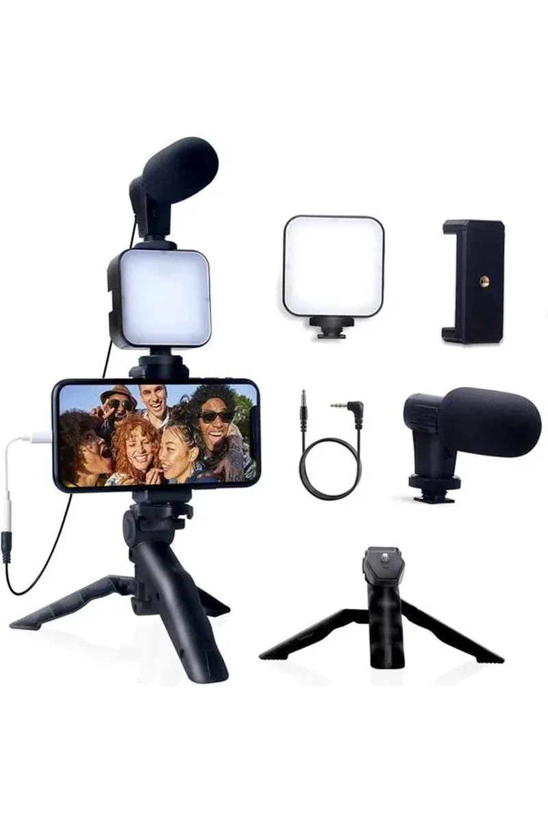 Akıllı Telefon Vlog Kiti Tripod Mini Mikrofonlu Telefon Tutucu görsel 5