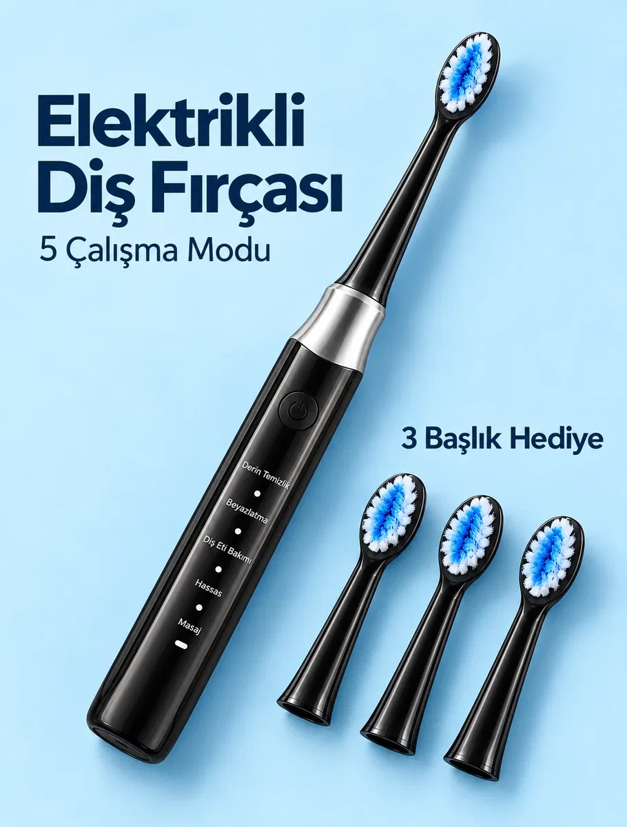 Değiştirilebilir Başlıklı Siyah Elektrikli Diş Fırçası 5 Mod ve 3 Yedek Başlık