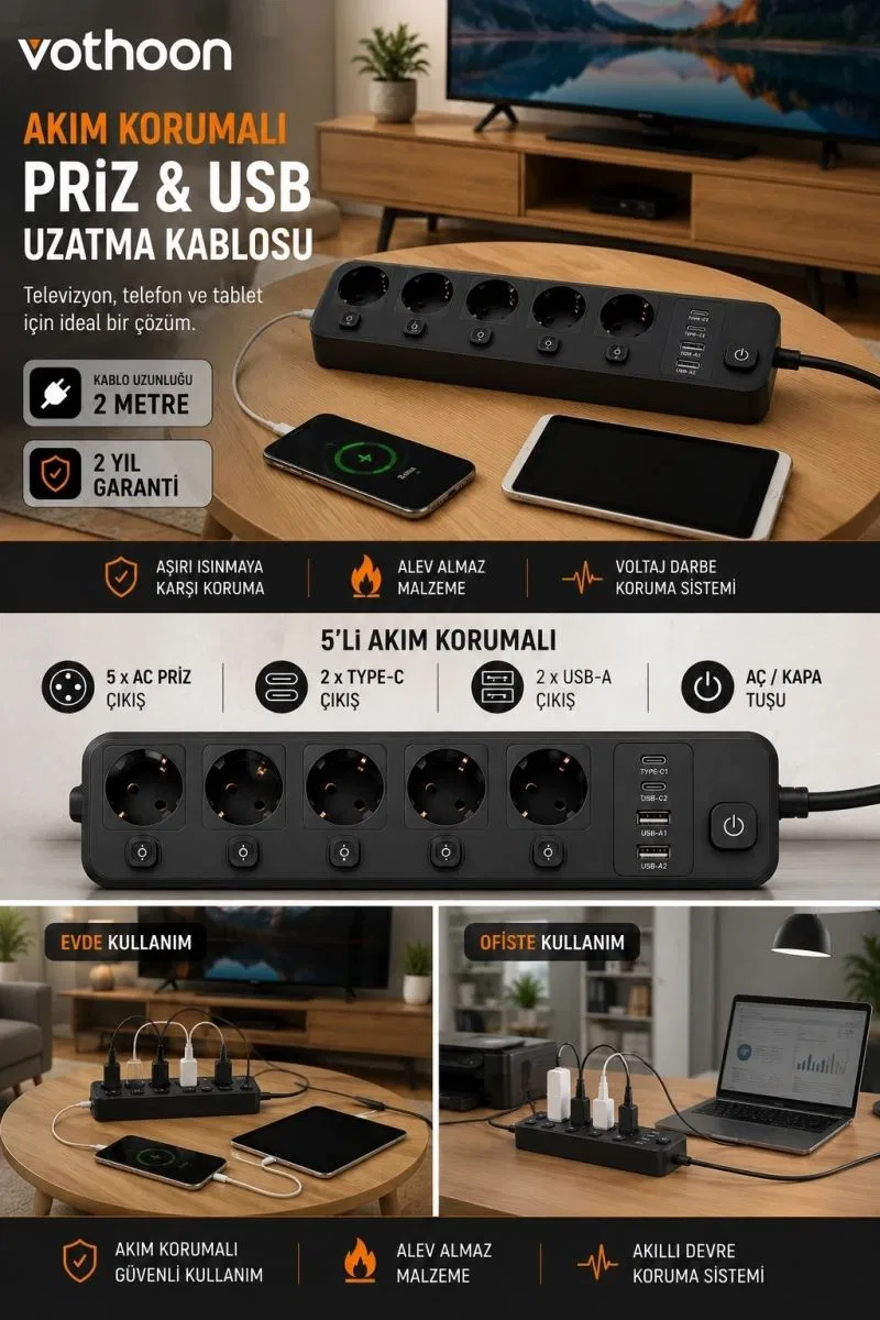 Akım Korumalı 5’li Priz 2xusb 2xtype-c Çıkış Akım Koruma Çoklu Priz Çoğaltıcı Anahtarlı Ftr-31 Siyah görsel 2