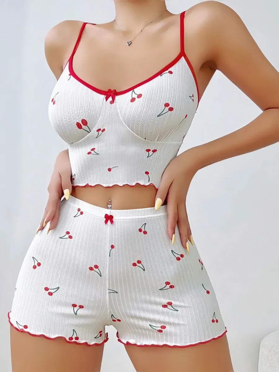 Kadın Vişne Desenli Dantel Askılı Şortlu Pijama Takımı 5193