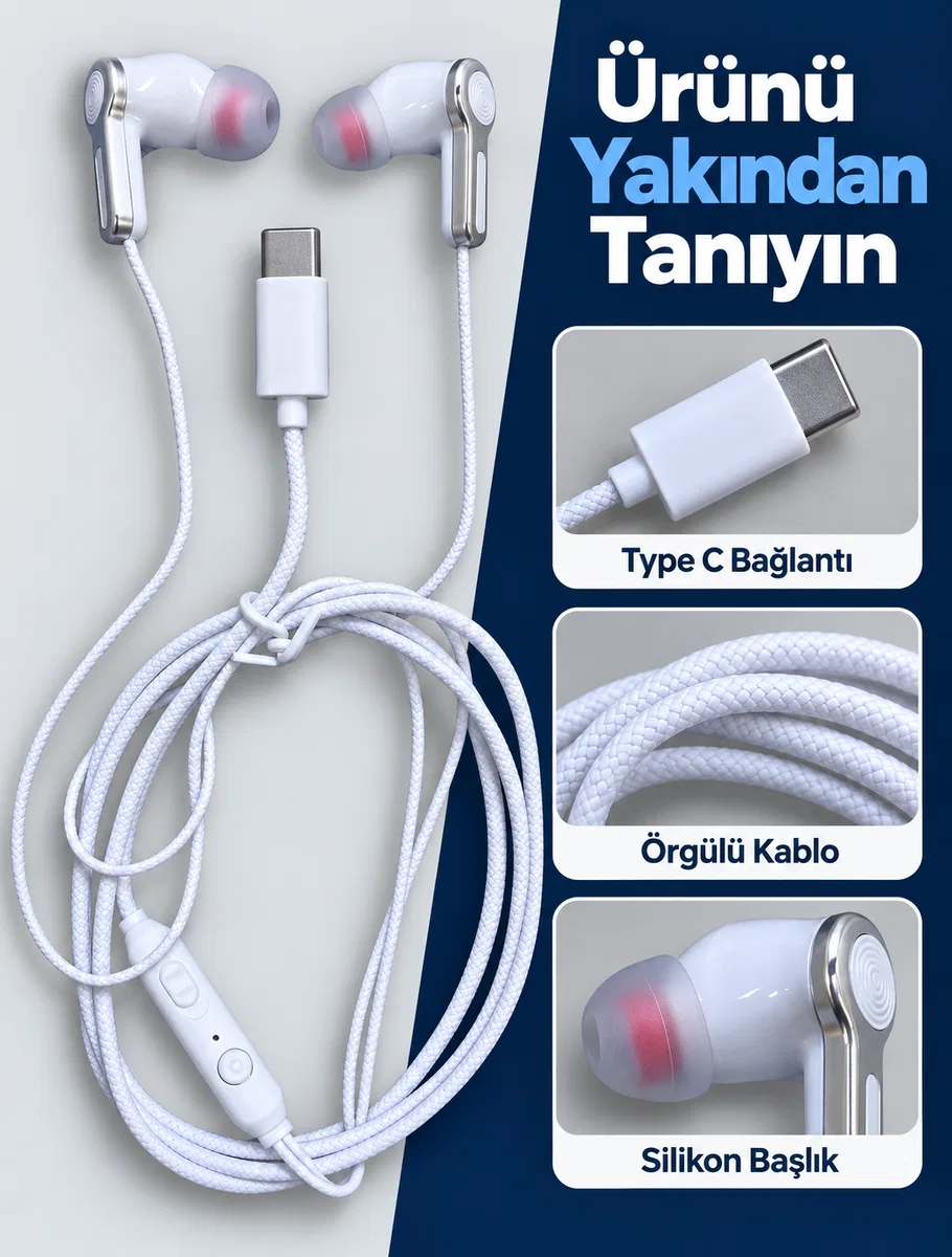 Kumandalı ve Silikon Başlıklı Beyaz Type C Kablolu Kulaklık görsel 3