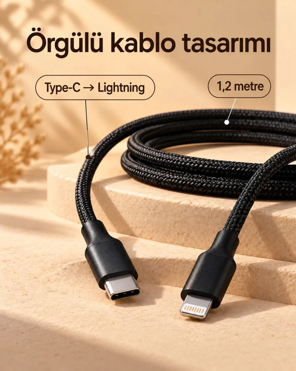 Type C Lightning Örgülü Şarj Ve Veri Kablosu 2 Metre görsel 5
