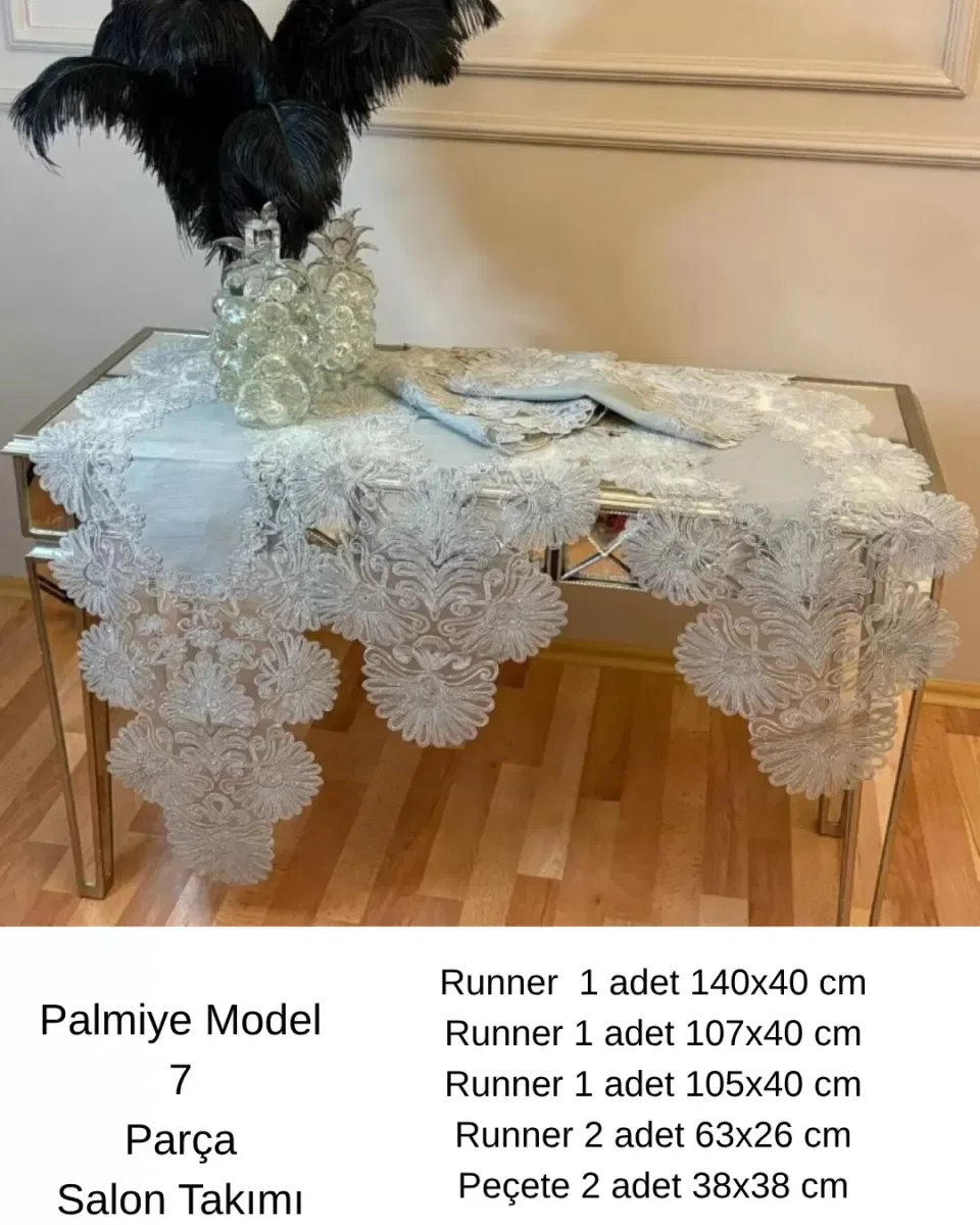 Salon Takımı Palmiye Model Gri Keten Runner Seti 5 Parça