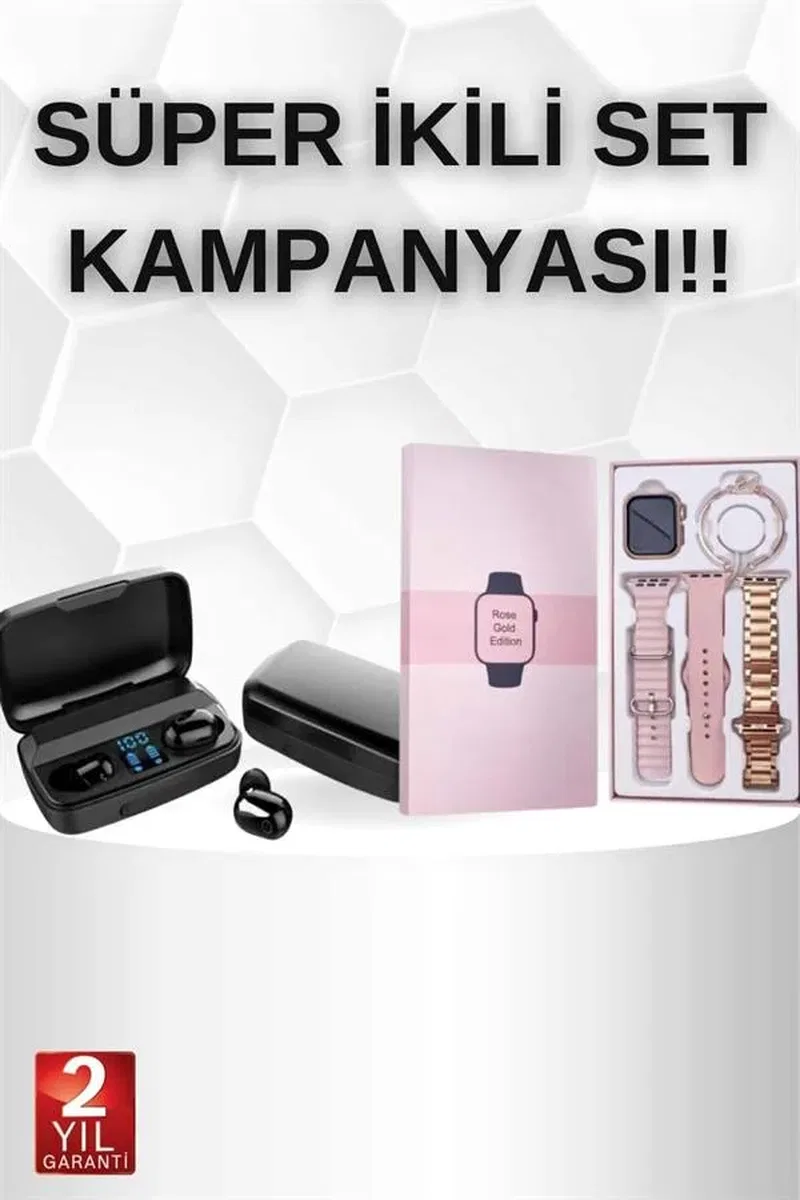 Wireless Şarjlı Pembe Akıllı Saat ve Kablosuz Bluetooth Kulaklık Dokunmatik Kontrol görsel 2