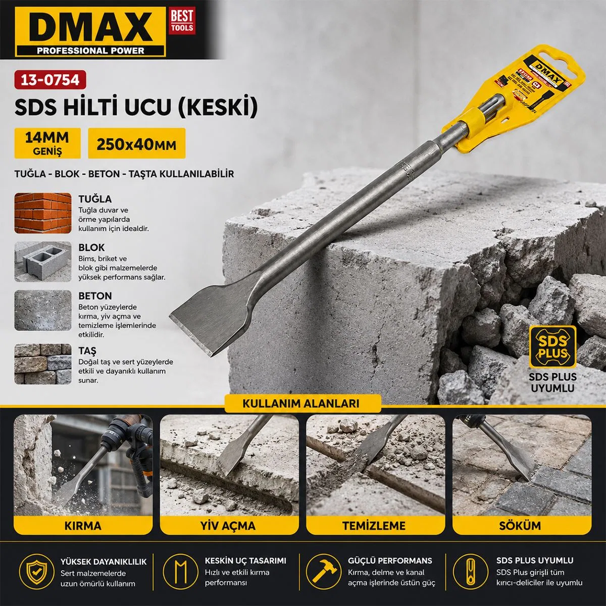 14 mm SDS Keski Ucu - Geniş 250x40 mm görsel 3