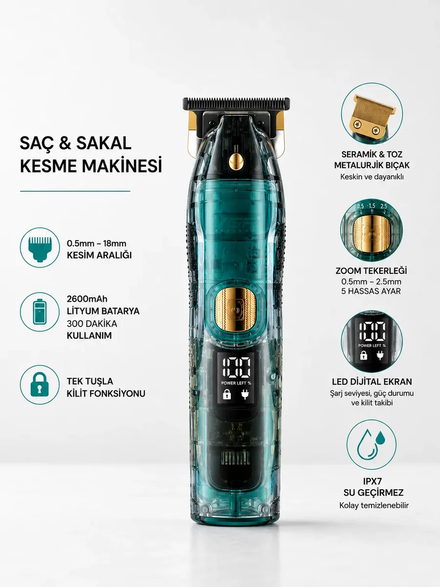 Saç ve Sakal Kesme Makinesi LED Ekranlı Profesyonel 5 Adet Uzunluk Ayarı