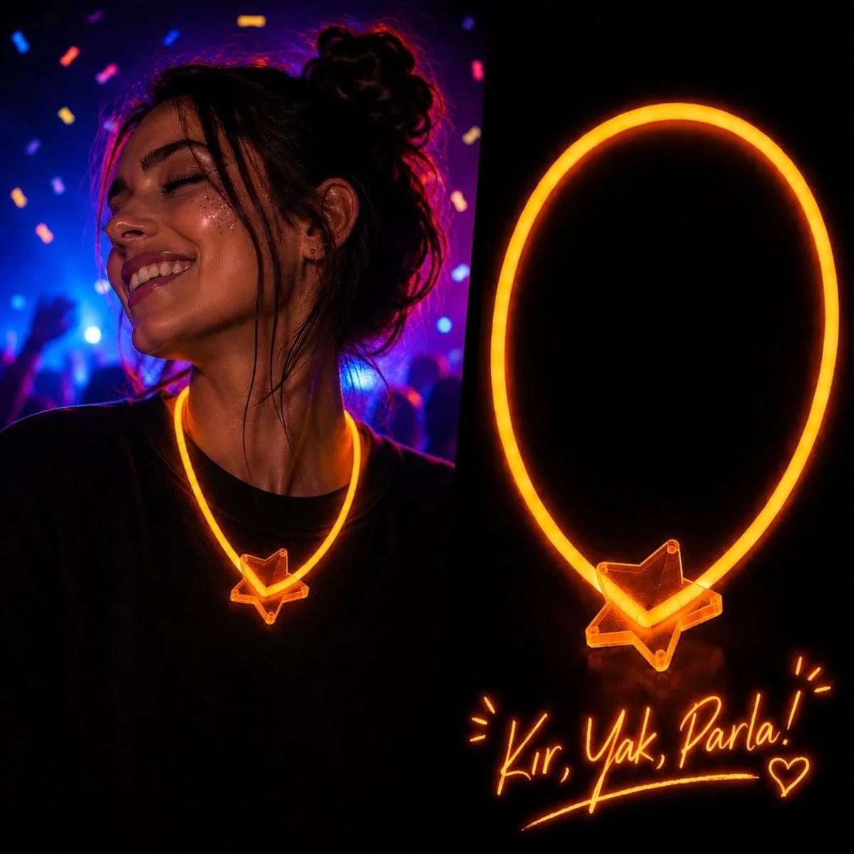 Glow Kolye Neon Fosforlu Işıklı Kolye Turuncu Renk