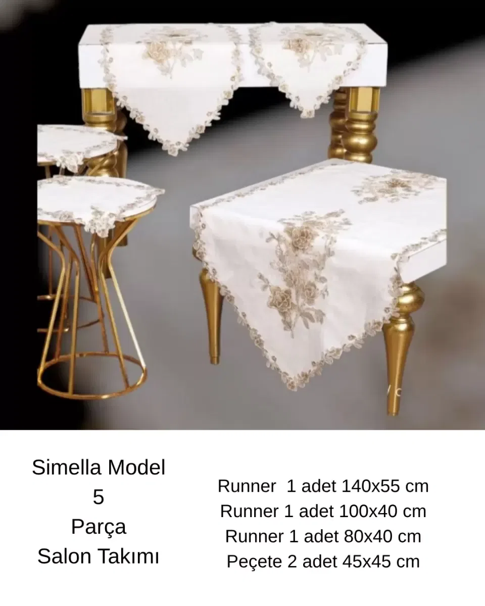 Krem-Kapiçino Çeyizlik Simella Model 5 Parça Nakışlı Masa Örtüsü Runner Seti görsel 7