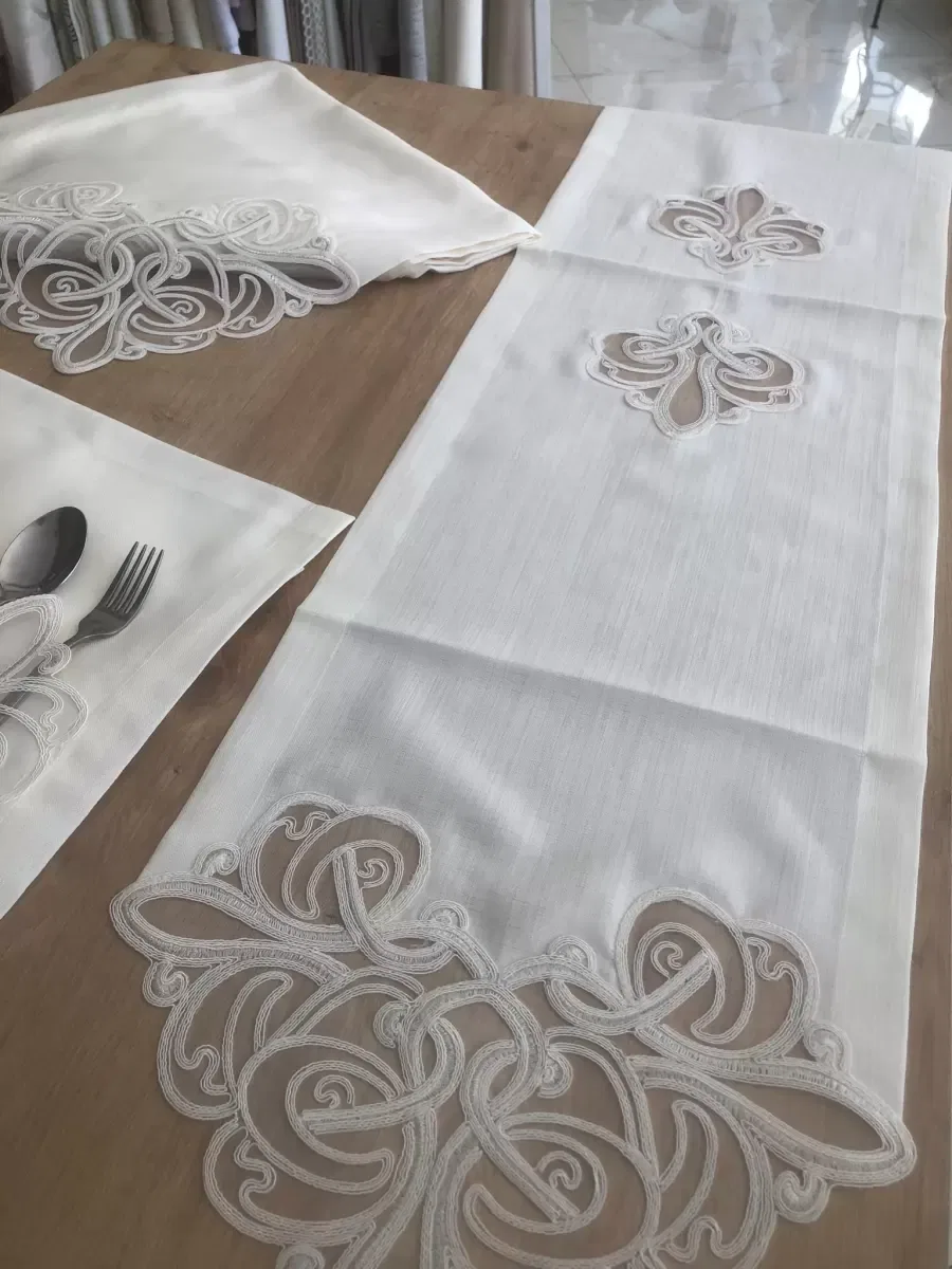 Sofra Takımı Taç Gardenya Keten Yemek Takımı 160x260 Masa Seti 26 Parça Runner Set Krem görsel 6