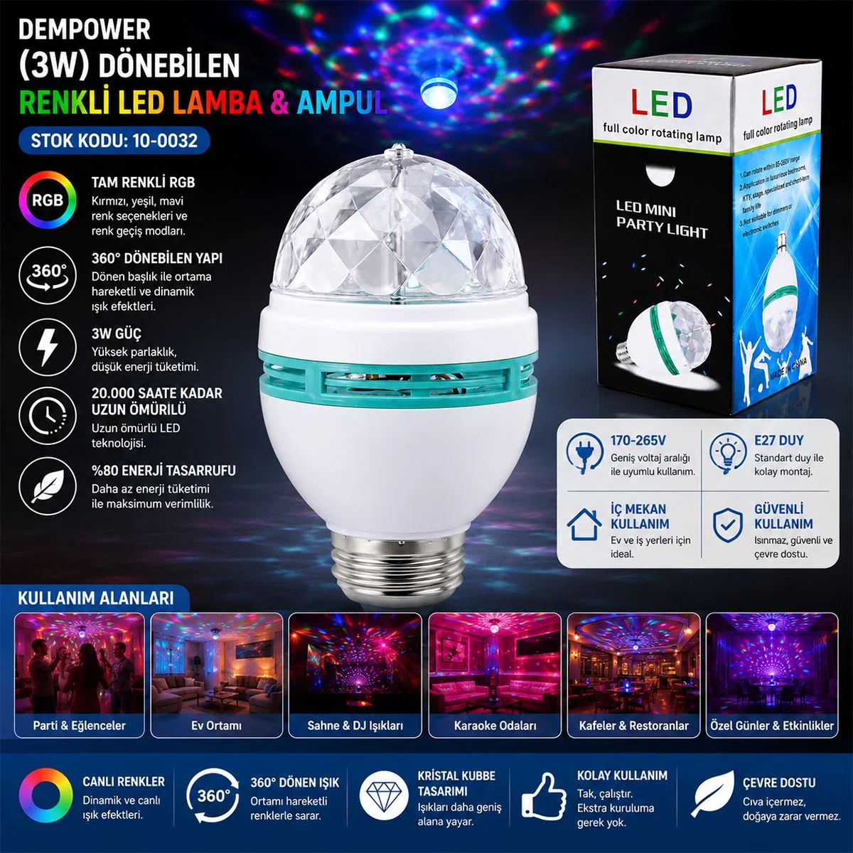 3W Dönebilen Renkli LED Disko Lamba (170-265V) görsel 3