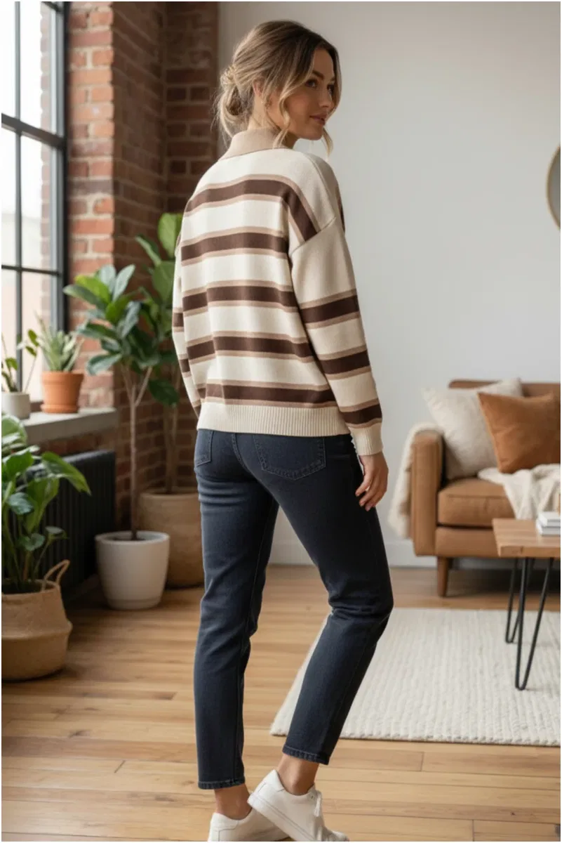 Kadın Şık Polo Yaka Çizgili Oversize Triko Kolej Stil Yumuşak Dokulu Kazak görsel 4
