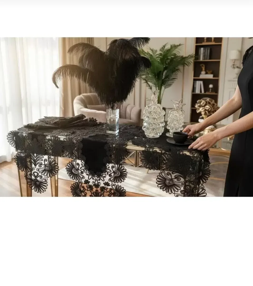 Salon Takımı 7 Parça Keten Runner Seti Çeyizlik Palmiye Model Siyah Masa Örtüsü görsel 7