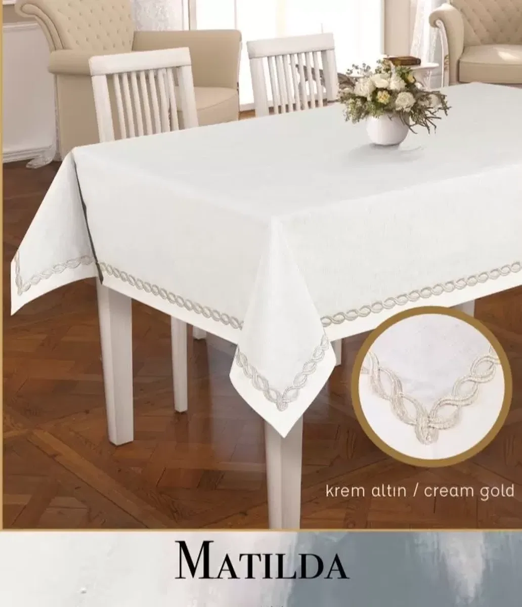 Matilda Model Krem-Gold 155x260 cm Keten Tablecloth Şık Masa Dekorasyonu görsel 2