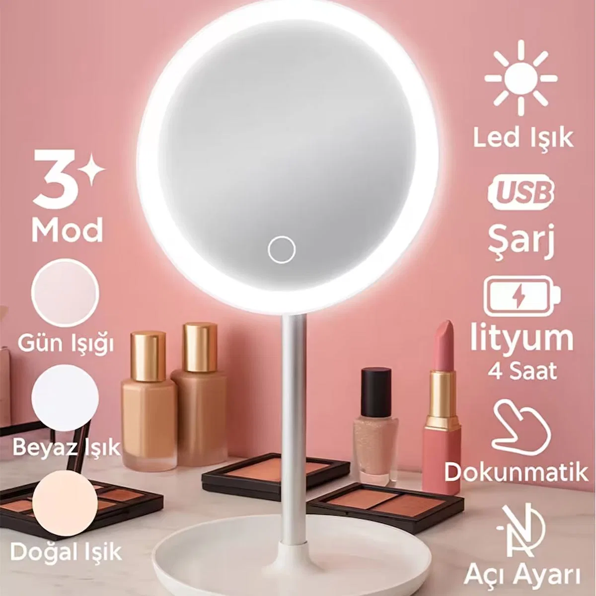 6, 5 inç LED USB Şarjlı Yuvarlak Makyaj Aynası - 90° Ayarlı, Standlı görsel 5