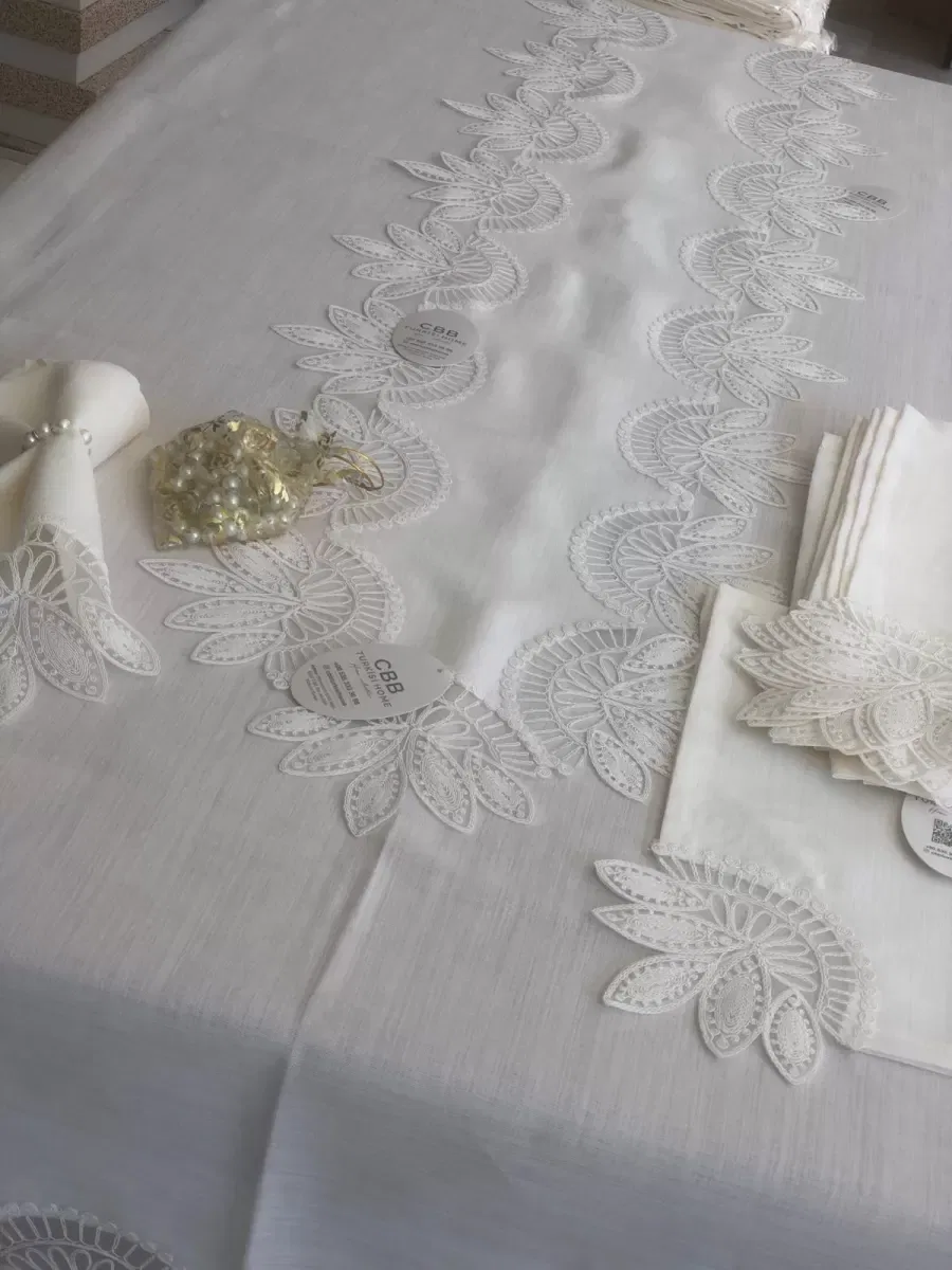 Sofra Takımı Lady Gardenya Keten Yemek Takımı 160x220 Masa Seti 12 Kişilik 26 Parça Runner Set Krem görsel 7