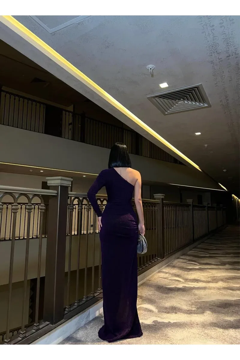 Kadın Trend Model Mezuniyet Elbisesi Tek Omuz Tek Kol Balık Kesim Abiye Elbise görsel 3