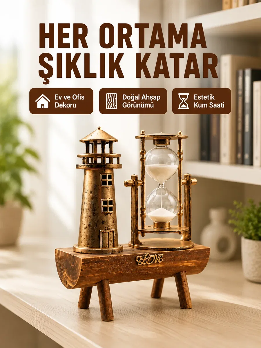 Ahşap Kum Saati ve Deniz Feneri Figürü Bir Arada Ev Ofis Dekorasyonu Yeni Nesil