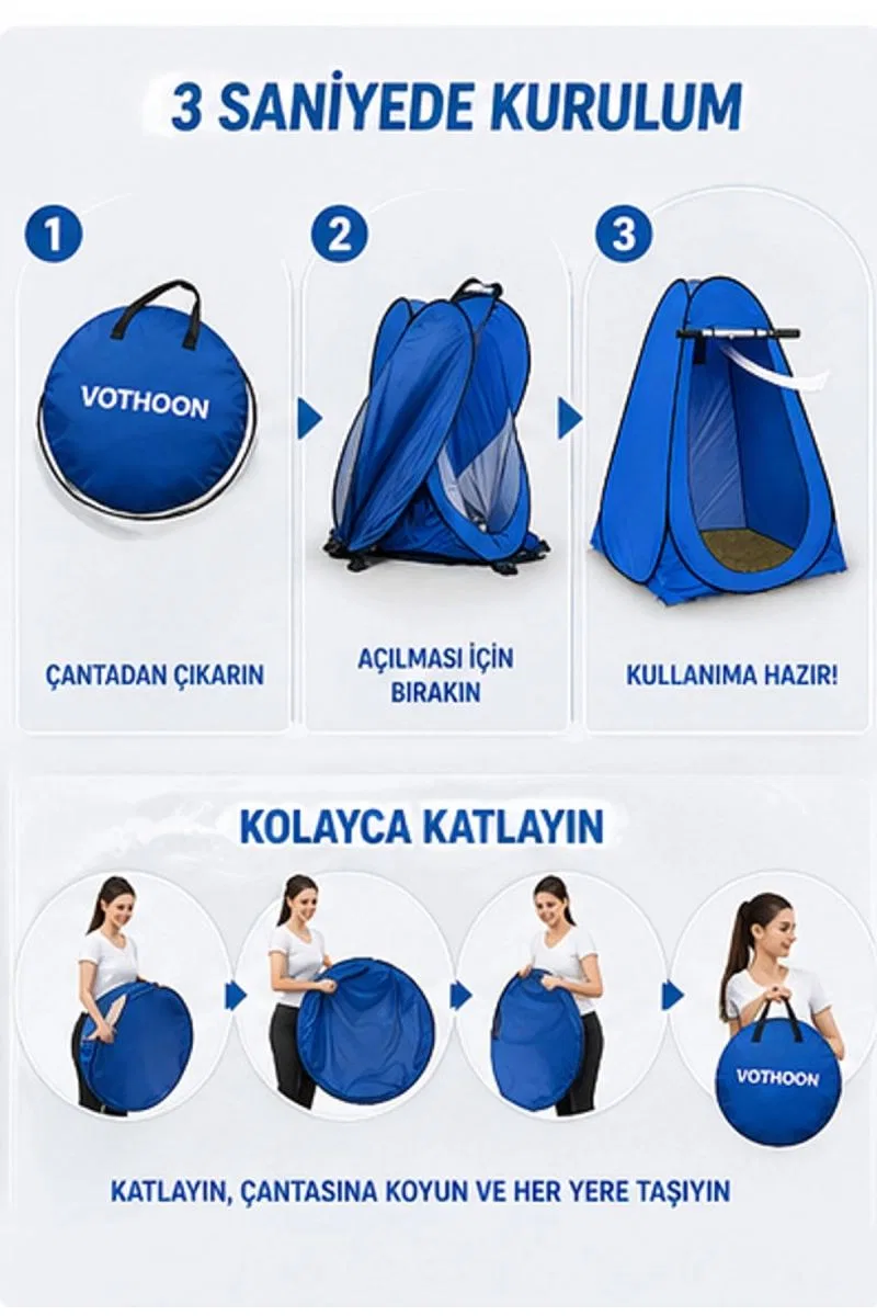 Otomatik Kabin Giyinme Çadırı 120x120x190 Cm Üst Havalandırma Yan Pencereli Duş & Wc Çadırı Mavi görsel 2