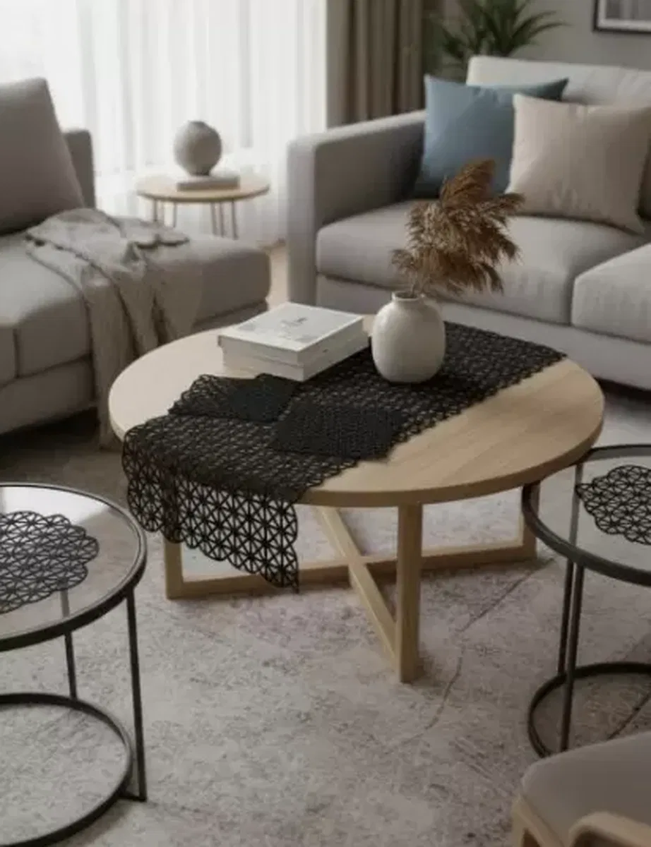 Salon Takımı Angles Çeyizlik Siyah Runner Set 5 Parça İşlemeli Ranır Masa Sehpa Konsol Örtüsü