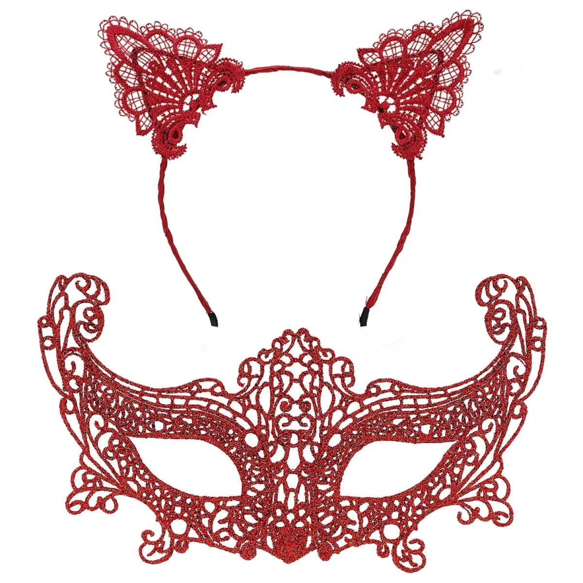 Romantik Kırmızı Dantel Maske Seti – Kedi Kulaklı Taç Ve Maske 3 No görsel 2
