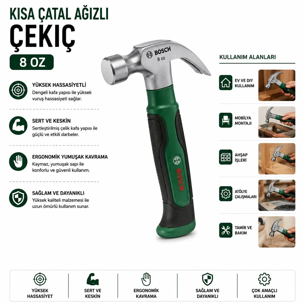 Kısa Çatal Çekiç 8 oz 16 cm Ergonomik Yumuşak Sap görsel 2