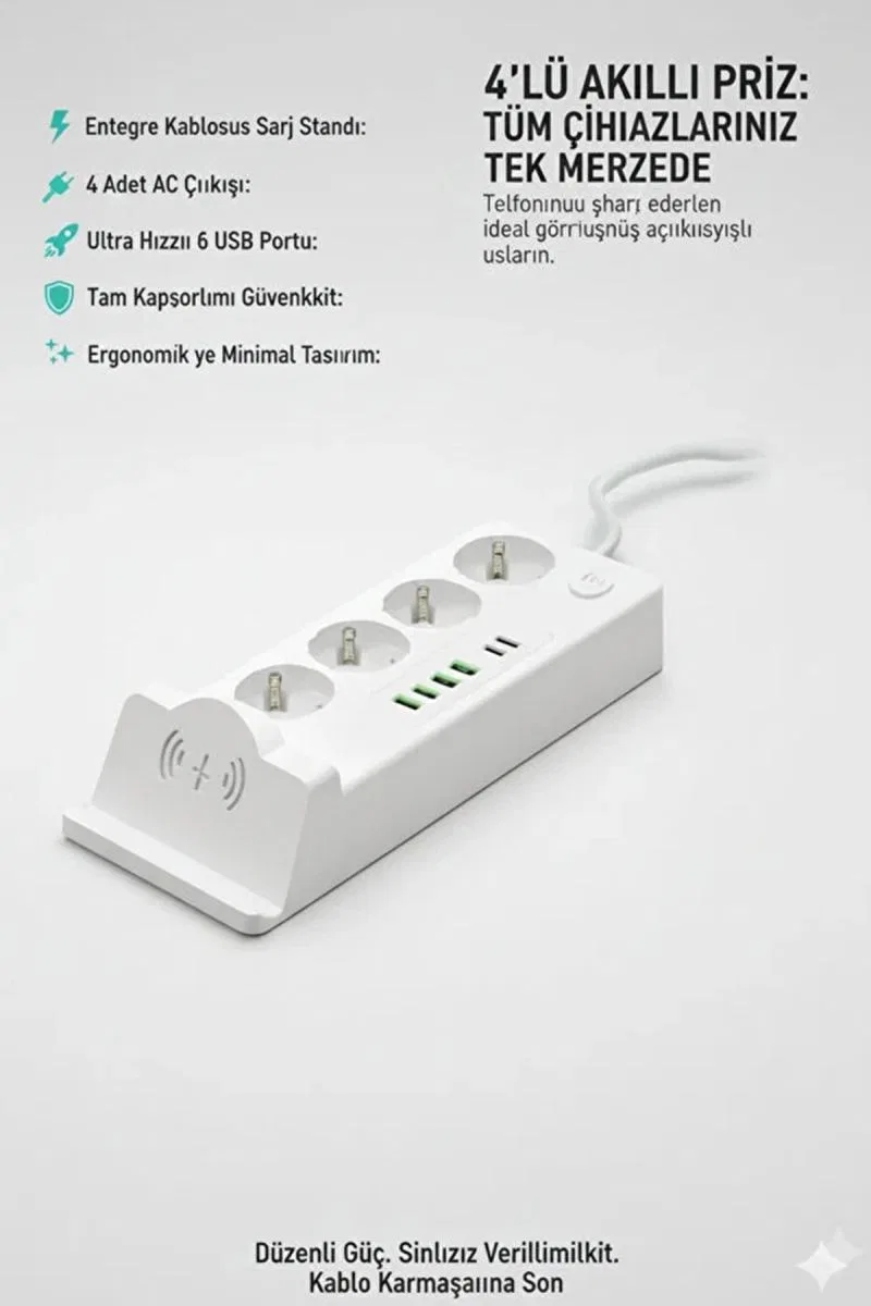 Akım Korumalı Priz Ve Masaüstü Şarj İstasyonu Kablosuz 4 Priz, 4 Usb, 2 Type-c Girişli 2 Metre görsel 3