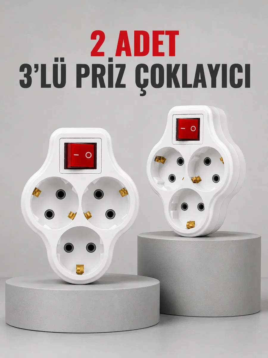Direkt Duvar Prizine Takılan 3’lü Priz Adaptörü Anahtarlı Priz Çoklayıcı 2 Adet