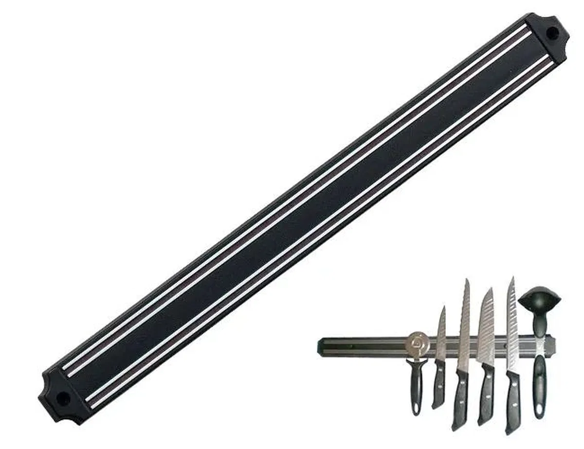Mutfak Duvarına Monte Mıknatıslı Geniş Bıçak Tutucu Stand - 55 Cm - Siyah - Paslanmaz Çelik