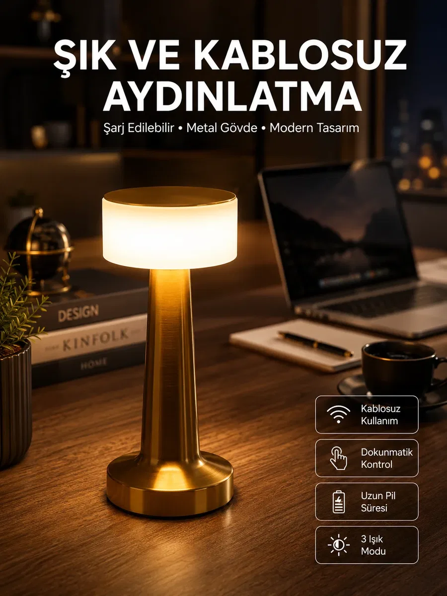 Altın Rengi Masa ve Gece Lambası Dokunmatik Şarjlı Masa Lambası