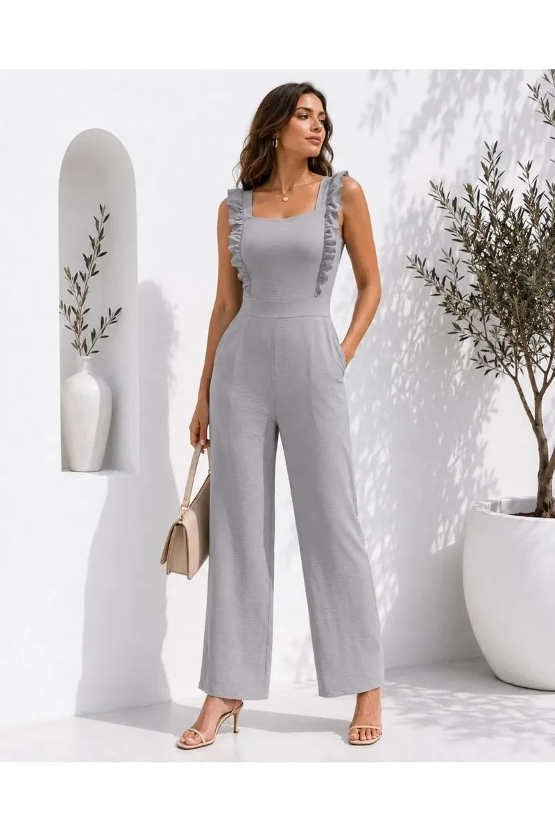 Kadın İnce Kare Yaka Kolsuz Renkli Wide Leg Tulum görsel 4