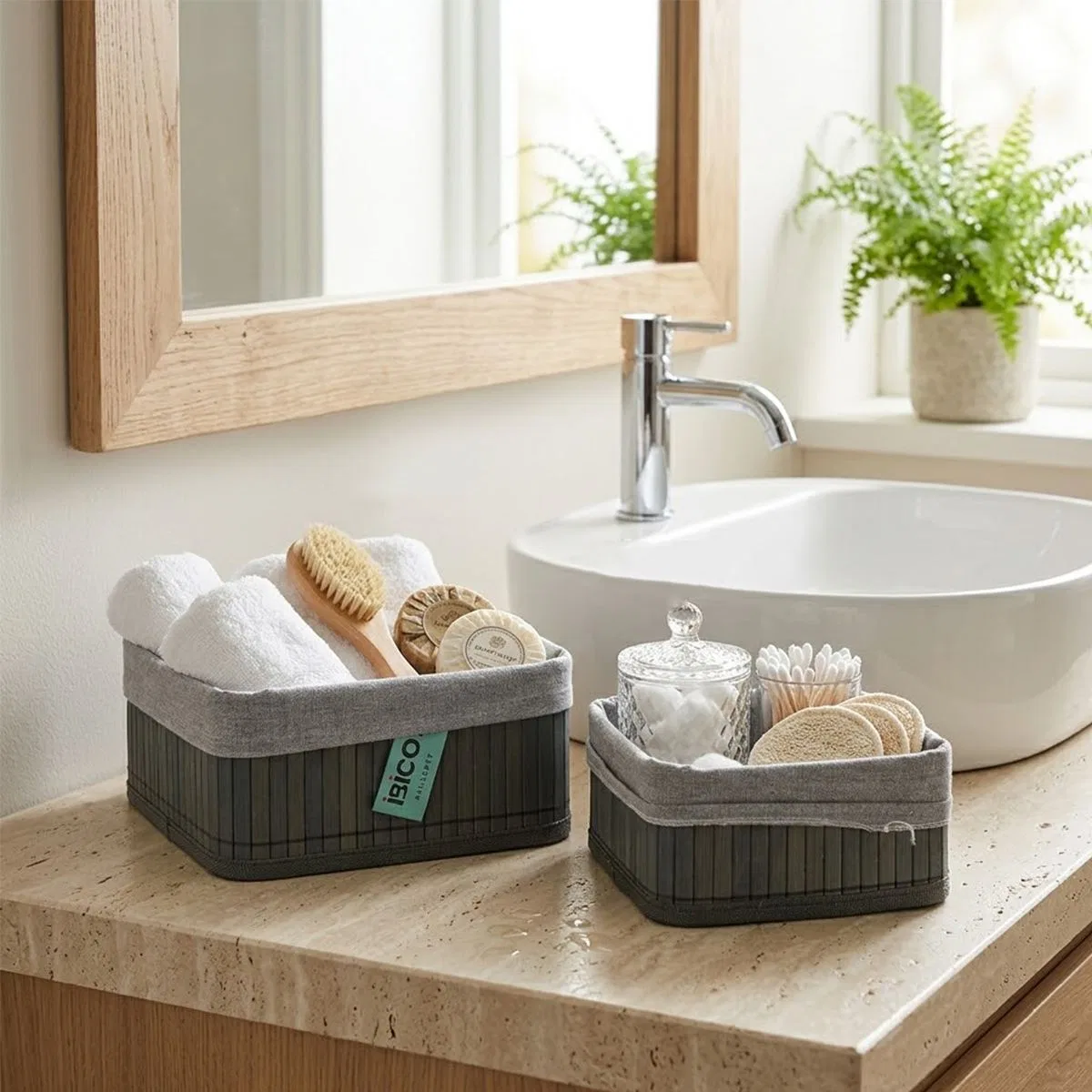 Kare Organizer Sepet - Bambu Kenarlı, Ahşap Taban, Bezli - 18x21 cm görsel 3