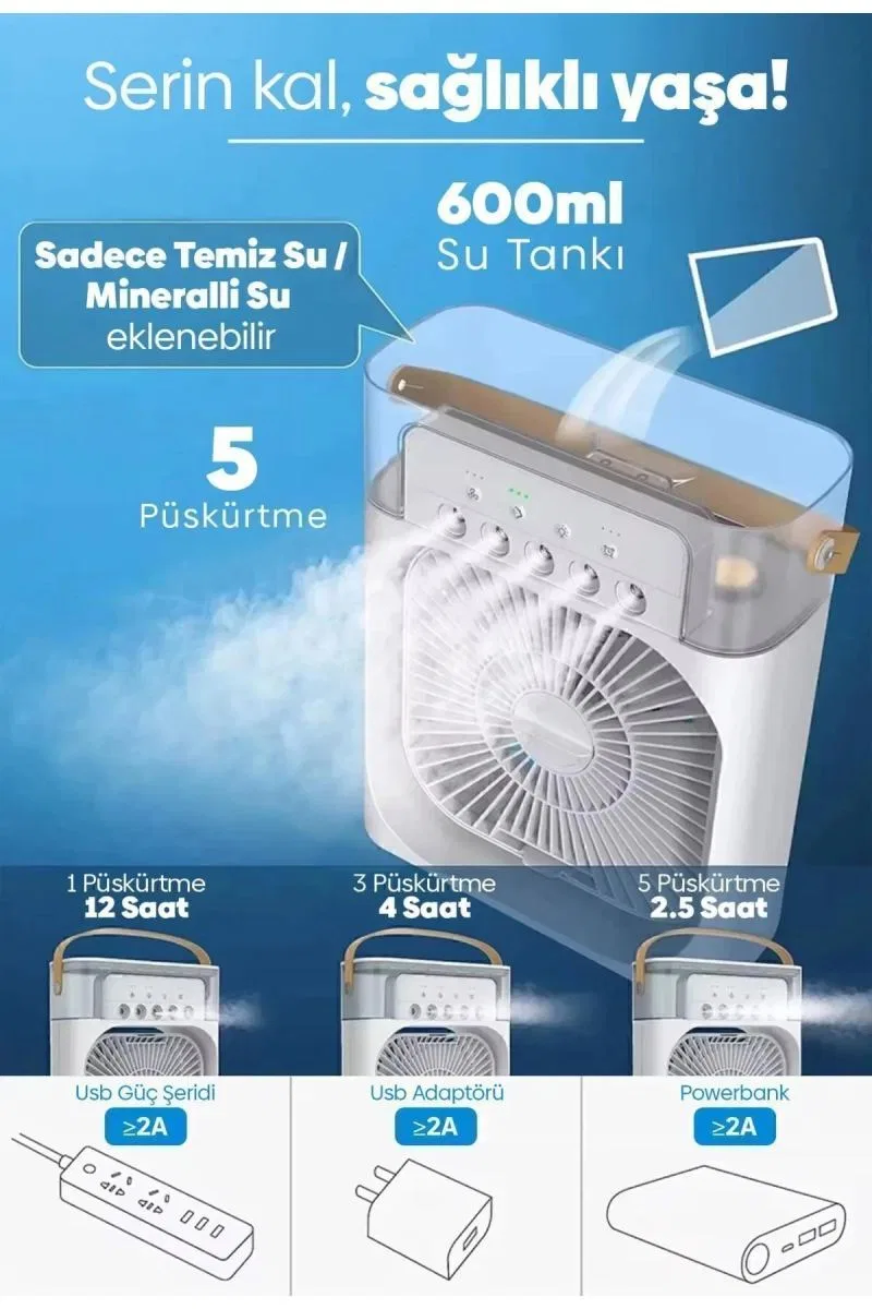 Taşınabilir Işıklı 5 Spreyli Vantilatör Buzlu Buharlı Vantilatör Mini Fan Nemlendirici görsel 2