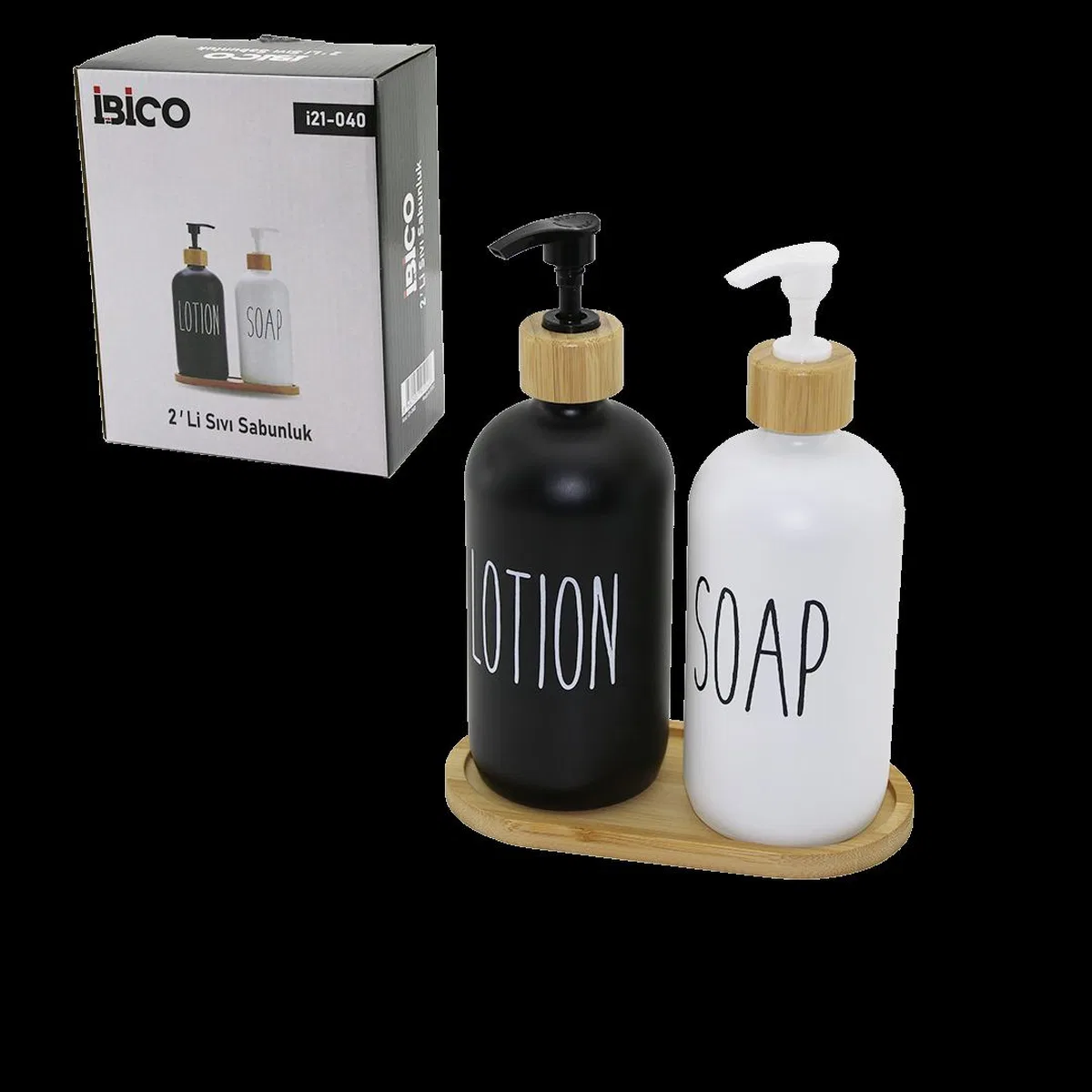 Cam Sıvı Sabunluk & Losyonluk 2'li Set 2x500 ml Siyah Beyaz Bambu görsel 2