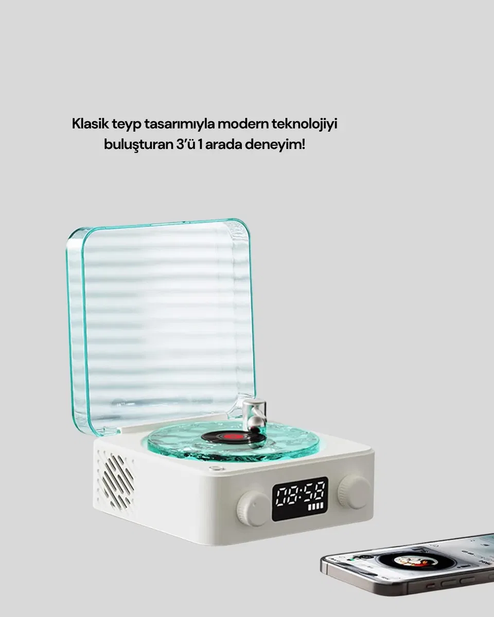 Retro Tasarımlı Gece Lambalı Bluetooth Hoparlör – Saat ve Pil Göstergeli görsel 2