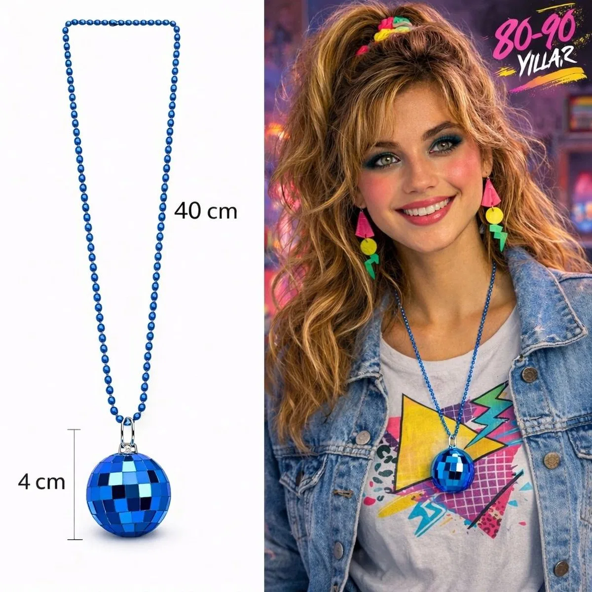 Retro Disko Topu Şekilli 8039ler 9039lar Mavi Renk Plastik Kolye