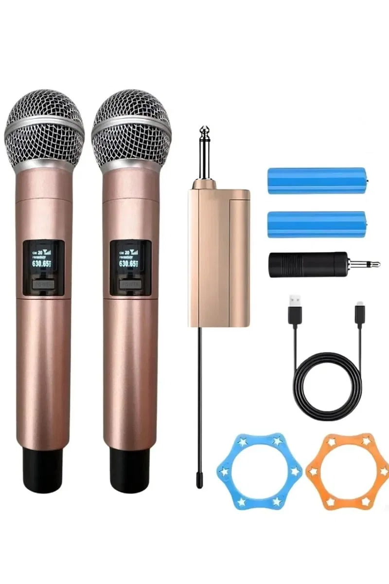 Profesyonel Çiftli Kablosuz Mikrofon Seti Karaoke Şarj Edilebilir 50 Metre Mesafe Rose