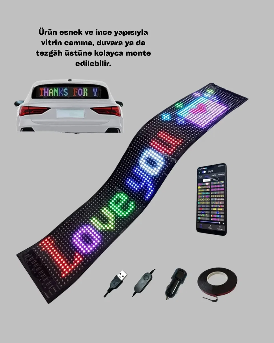 RGB Kayar Yazılı LED Reklam Ekranı – USB Bağlantılı Esnek Tasarım görsel 4