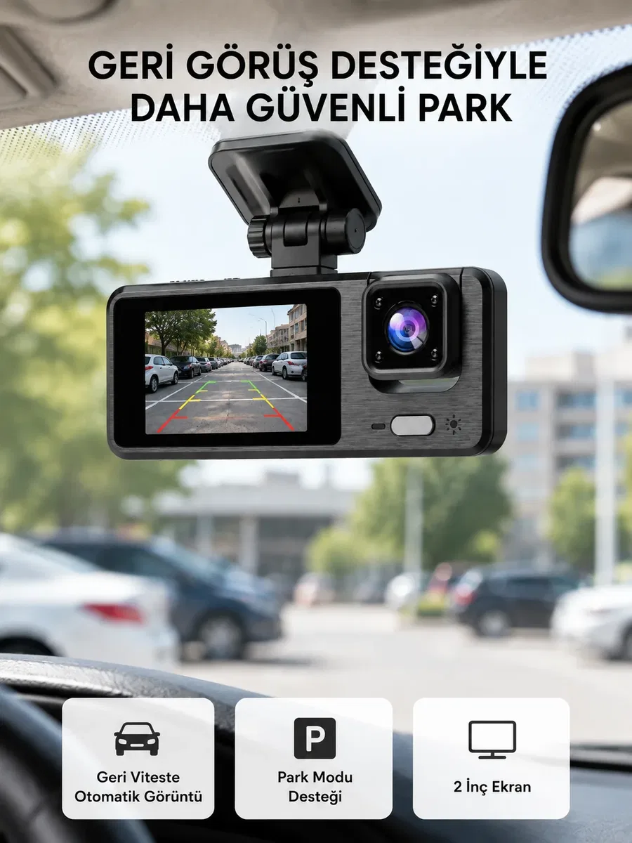 Full HD 3'lü Araç Kamerası Geri Görüş Destekli Park Modlu 1080P DVR