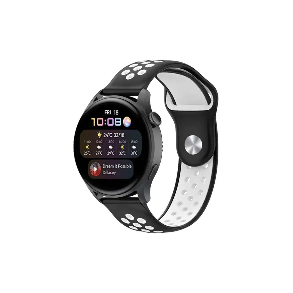 Watch 22mm Spor Delikli Kordon - Siyah-beyaz