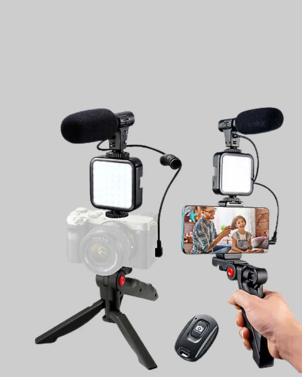Telefon Video Çekim Kiti LED Aydınlatma Mikrofon Tripodlu Tam Set görsel 2