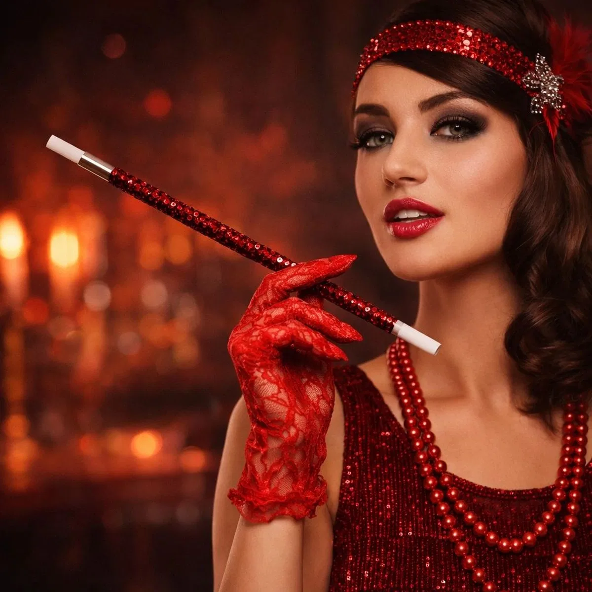 30 Cm Kırmızı Payetli Tutacağı – 1920’ler Gatsby Parti Aksesuarı görsel 3