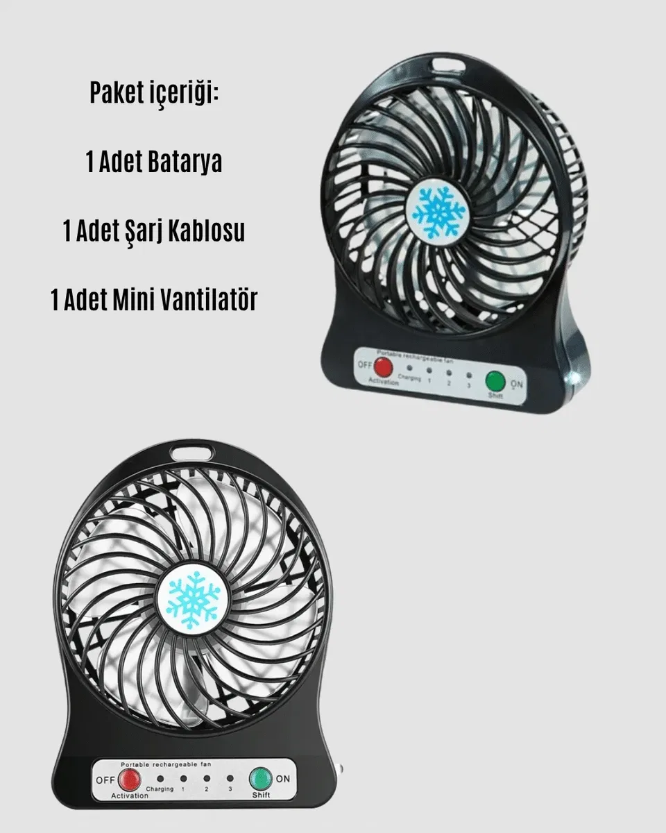Mini Vantilatör Masaüstü – USB Girişli, Şarjlı, 3 Kademe, Sessiz Motor, Işıklı görsel 4