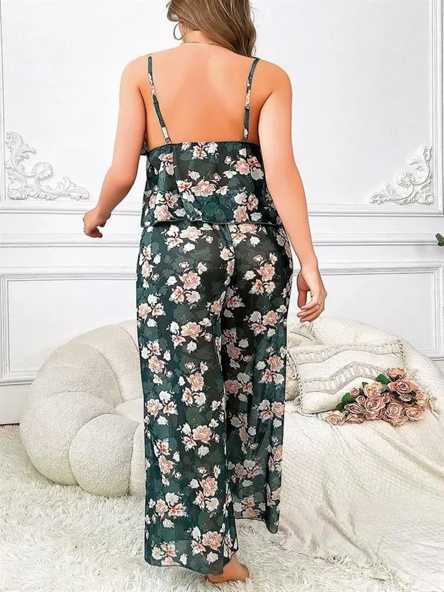 Özel Tasarım Büyük Beden Çiçek Desenli Bol Kesim 2'li Pijama Takımı görsel 2