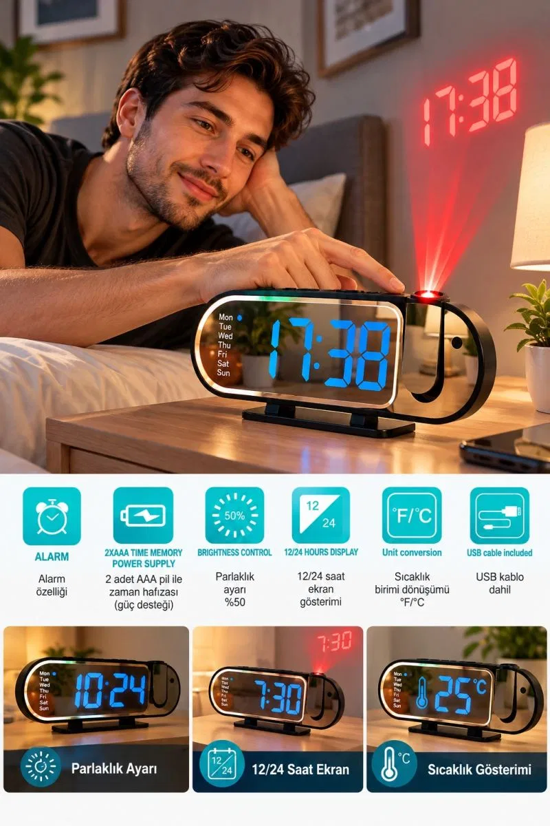 Modern Led Masa Saati Dijital Ekranlı Alarm Parlaklık Ayarlı 12 24 Saat Sıcaklık Göstergeli görsel 2