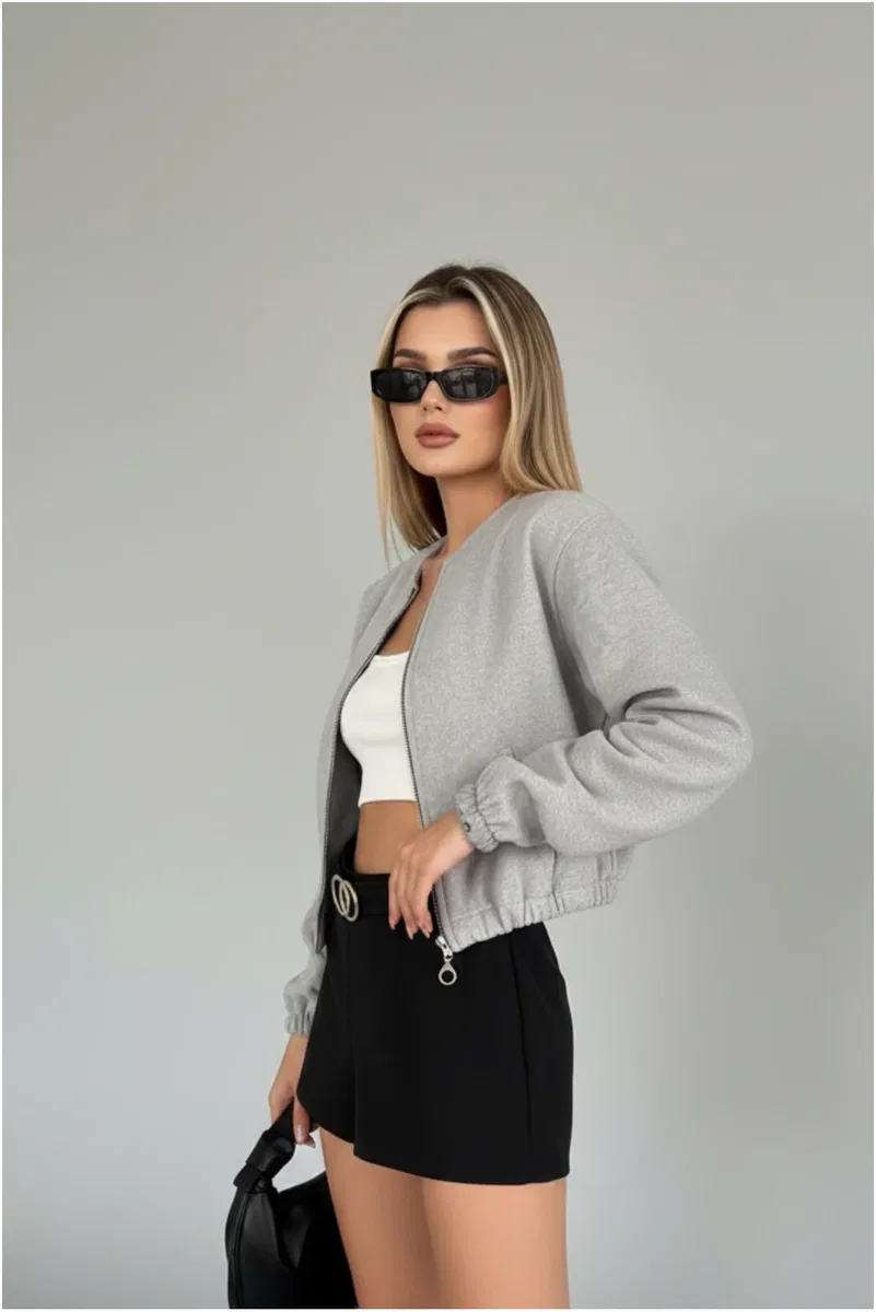 Kadın Şık Koyu Gri Basic Fermuarlı Crop Bomber Ceket görsel 7